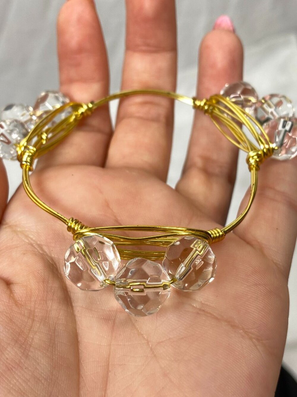 Clear Faceted Crystal Beaded Gold Tone Wire Wrapped Bangle Bracelet Boho